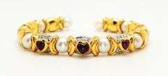 Precious Pearl, Ruby and Diamond Bracelet in 14K Yellow Gold