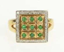 14K Yellow Gold Emerald Diamond Squared Halo Statement Ring