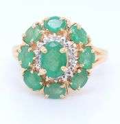 Pleasing Yellow Gold Emerald and Emerald Halo with Diamond Halo Ring
