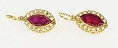 14K Yellow Gold Marquise Syn. Ruby Ornate Filigree Dangle Earrings