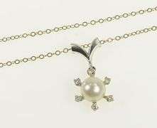 14K White Gold 1950's Pearl Diamond Halo Vintage Chain Necklace