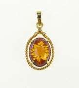 14K Yellow Gold Vintage Ornate Carved Rose Flower Glass Pendant
