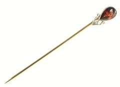 14K Yellow Gold Victorian Tear Drop Garnet Diamond Antique Stick Pin