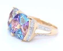 Fantastic Yellow Gold Fancy Cut Blue Topaz, Amethyst and Diamond accent Ring