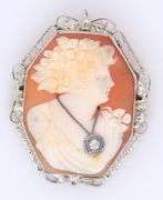 Elegant Curved Cameo Brooch with Diamond Necklace in Yellow Gold