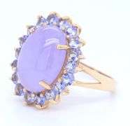 Fabulous Yellow Gold 6.75ct Lavender Jade and Tanzanite Halo Ring