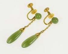 14K Yellow Gold 1960's Nephrite Tear Drop Dangle Screw Back Earrings