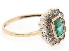 Vintage 0.65ct Emerald Cut Emerald and 0.75ctw Diamond Scalloped Frame Ring in 14K