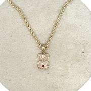 14K YELLOW GOLD SPARKLING PINK HEART BEAR CHARM NECKLACE