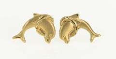 14K Yellow Gold High Relief Dolphin Jumping Through Hoop Stud Earrings
