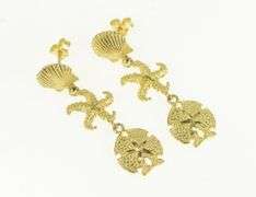 14K Yellow Gold Sea Shell Ocean Beach Motif Star Fish Dangle Earrings