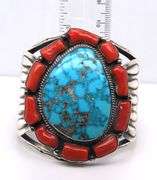 American Indian Najavo Running Bear Turquoise and Coral Cuff