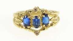 14K Yellow Gold Ornate Syn. Sapphire Diamond Statement Ring