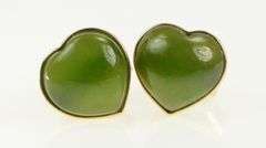 14K Yellow Gold Heart Green Nephrite Cabochon Vintage Stud Earrings