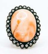Large Coral & Diamond Ring, 18KT