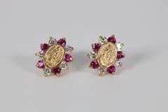 10k Yellow Gold Virgin Mary Clear & Pink CZ Stud Earrings