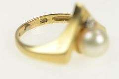 14K Yellow Gold Pearl Diamond Accent Vintage Chevron Ring