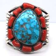 American Indian Najavo Running Bear Turquoise and Coral Cuff