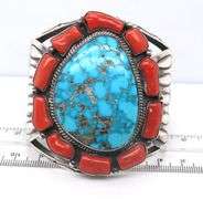 American Indian Najavo Running Bear Turquoise and Coral Cuff