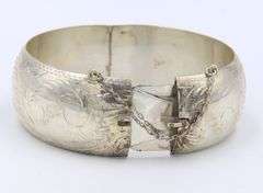 925 Sterling Silver Engraved Floral Pattern Wide Bangle Bracelet