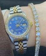 PREOWNED TWO TONE 26MM ROLEX LADIES DATE-JUST ROMAN NUMERALS BLUE DIAL WITH CUSTOM DIAMOND BEZEL| JUBILEE BAND