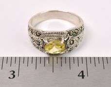 Yellow CZ And Marcasite Gem Ring In Sterling Silver