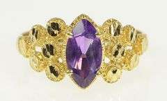 14K Yellow Gold Marquise Amethyst Textured Geometric Vintage Ring