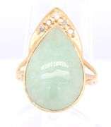 Fantastic Yellow Gold Pear Green Jade and Diamond accent Ring