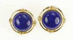 14K Yellow Gold Round Lapis Lazuli Cabochon Vintage Clip Earrings