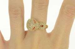 14K Yellow Gold Pave Leopard Jaguar Enamel Eyed CZ Ring