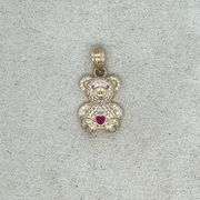 14K YELLOW GOLD SPARKLING PINK HEART BEAR CHARM NECKLACE