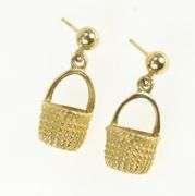 14K Yellow Gold 3D Longaberger Basket Picnic Vintage Dangle Earrings
