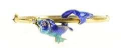 14K Yellow Gold 1930's Diamond Blue Enamel Fish Bangle Bracelet