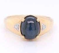 Handsome Yellow Gold Oval Synthetic Blue Star Sapphire and Diamond Accent Men's Ring