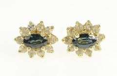 14K Yellow Gold Oval Sapphire Diamond Halo Vintage Stud Earrings