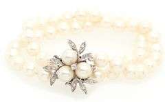 Cultured Pearl and 0.10ctw Diamond Clasp Double Strand Bracelet in 14K