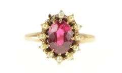 14K Yellow Gold Victorian Oval Syn. Ruby Seed Pearl Antique Ring