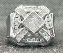 MENS 14K WHITE GOLD PRINCESS CUT AND ROUND DIAMOND CROSS PINKY RING (1.50 C.T. T.W.)