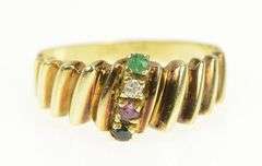 14K Yellow Gold Grooved Diamond Emerald Ruby Vintage Ring