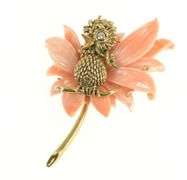 14K Yellow Gold Carved Coral Flower Baby Bird Diamond Pin/Brooch