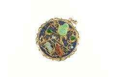 14K Yellow Gold Buddhist Lapis Jade Chinese Medallion Pendant/Pin