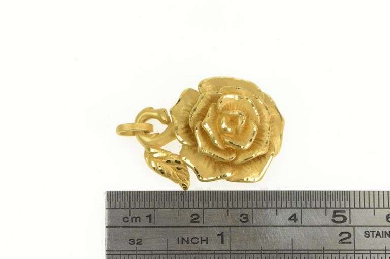 14K Yellow Gold Ornate Puffy Rose Flower Statement Pendant