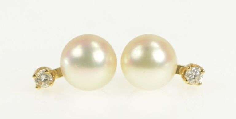 14K Yellow Gold 6.7mm Pearl Diamond Accent Vintage Stud Earrings
