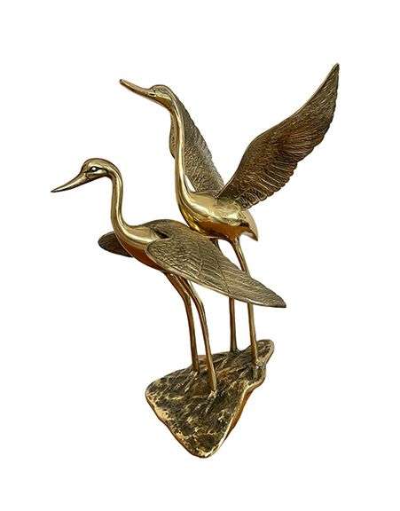 Vintage MCM Hollywood Regency Brass Cranes Sculpture 15 Inch