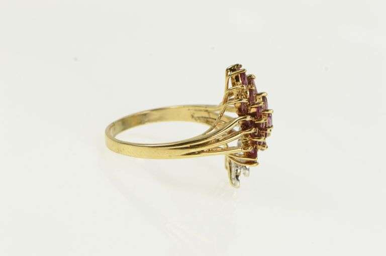 10K Yellow Gold Marquise Ruby Diamond Freeform Cluster Ring