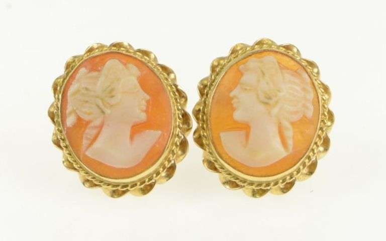 14K Yellow Gold Vintage Carved Shell Cameo Statement Stud Earrings