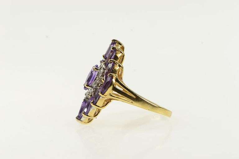 10K Yellow Gold Marquise Amethyst Diamond Cluster Statement Ring