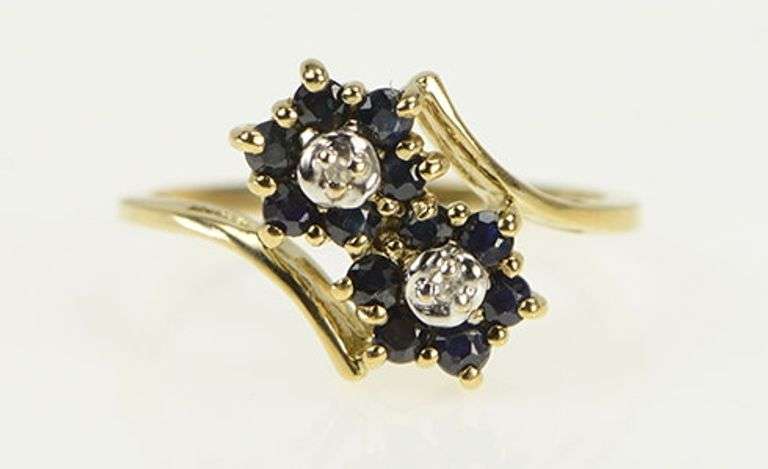 10K Yellow Gold Diamond Sapphire Flower Cluster Bypass Ring