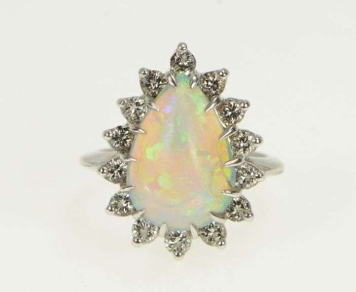 14K White Gold Pear Opal Diamond Halo Vintage Statement Ring