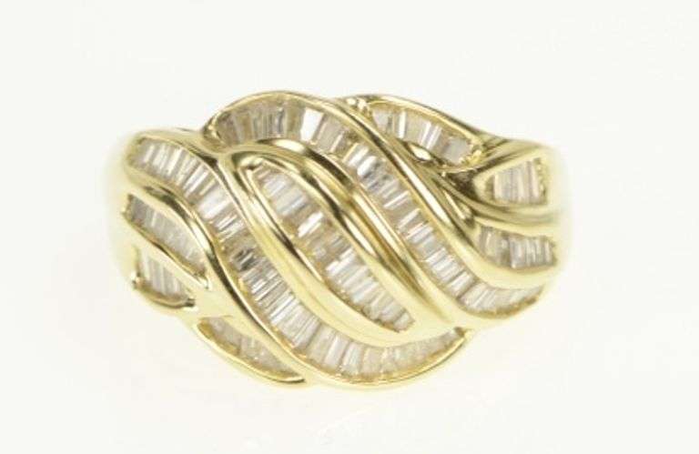 14K Yellow Gold 1.20 Ctw Baguette Diamond Wavy Statement Ring